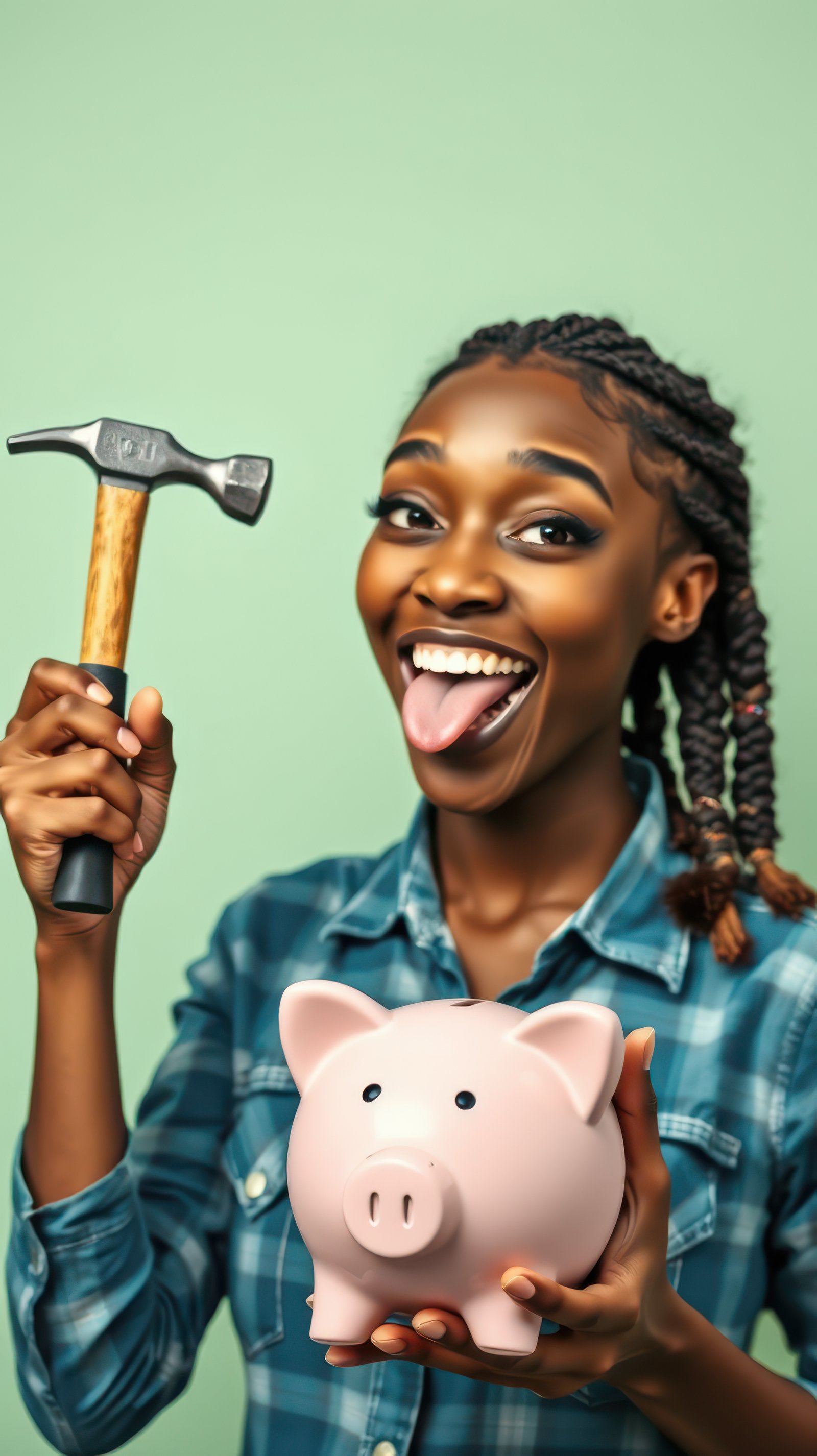 Young woman playfully holds a piggy bank and a hammer while sticking out her tongue in a cheerful studio setting